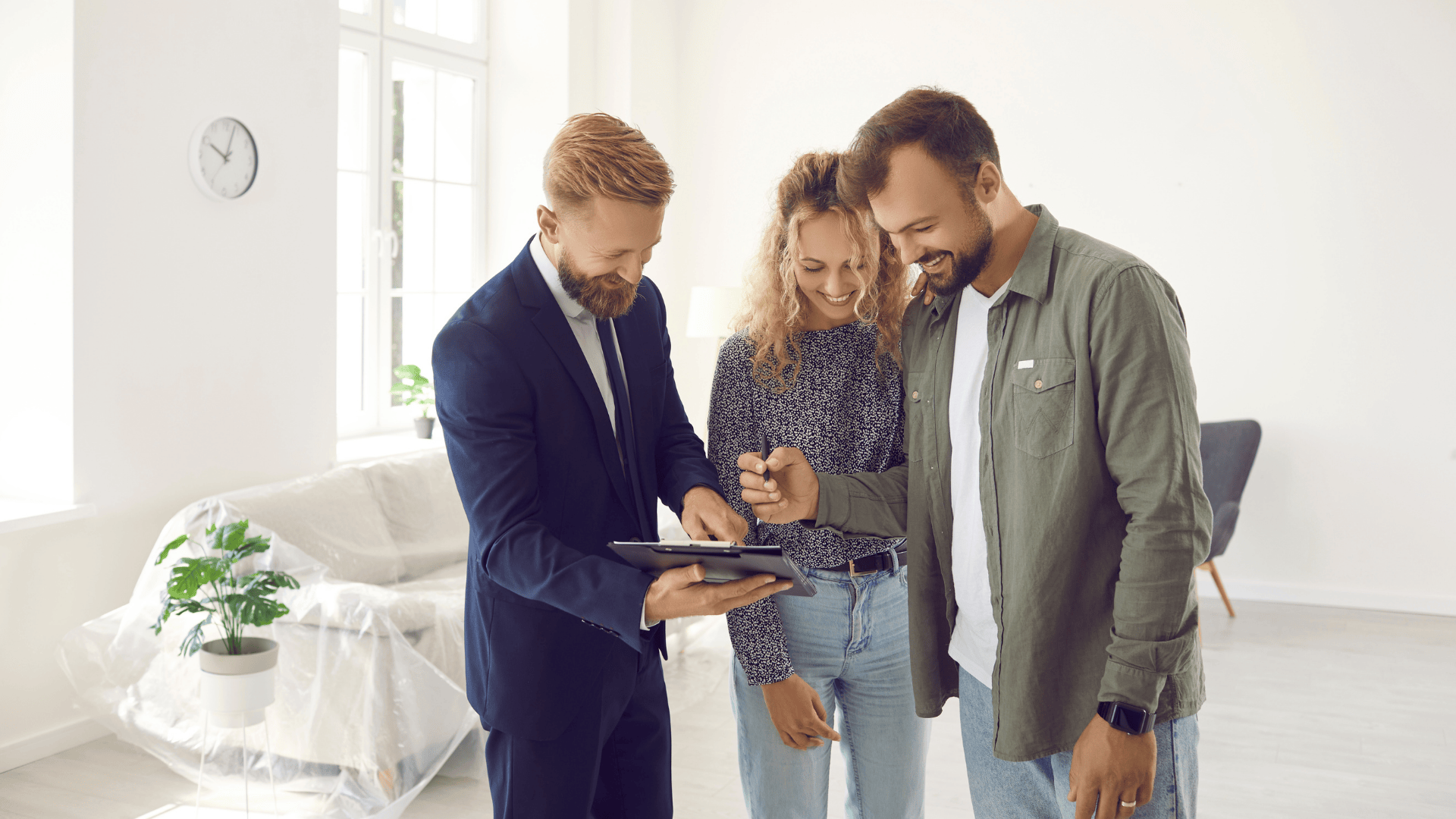 Happy man and woman spouses put signature on lease renewal