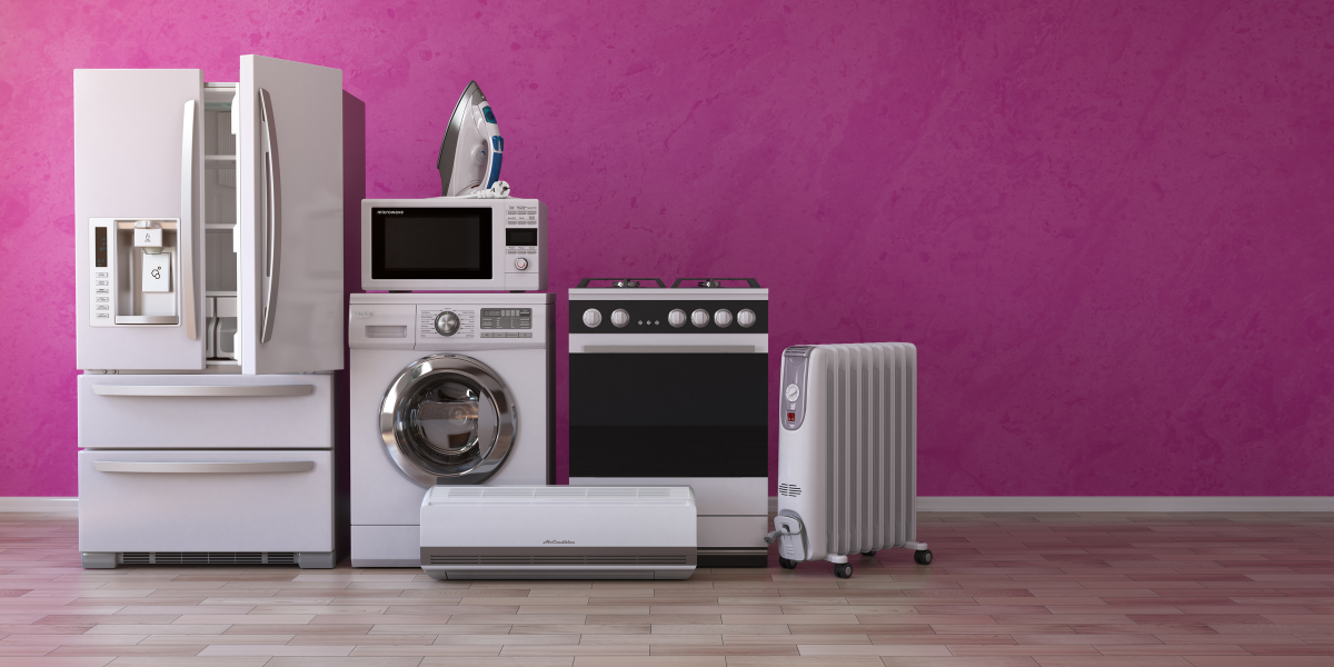 3 household home appliances on pink background